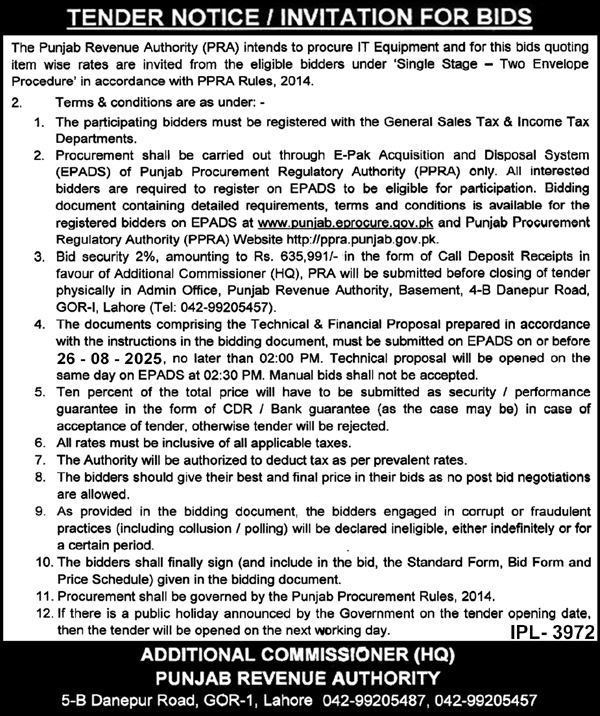 Punjab Revenue Authority Lahore Tender Notice